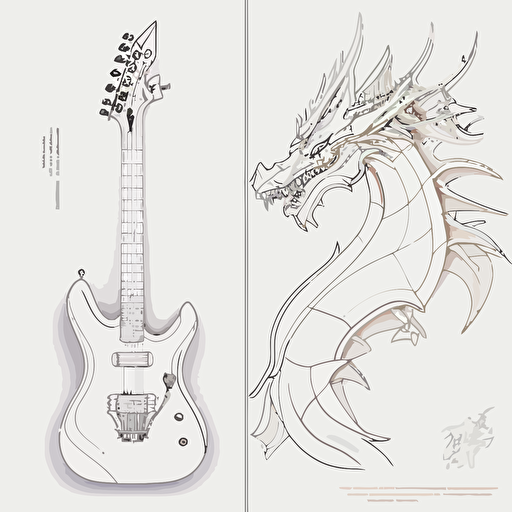 Abstract minimalist dragon side face in the style of a single line drawing (Vector, trending on Artstation and Dribbble) painted on an electric guitar, front and back view, white background, masterpiece,