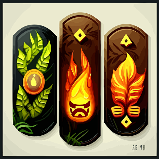 tiki style buttons for a mobile app, vector no background transparent, bamboo leaves fire with room for text on buttom