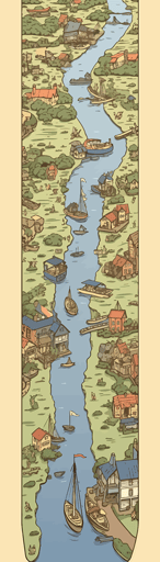 7 rivers merging into one sea one by one, each one have iland, with boats, with peoplle vector, vector illustration