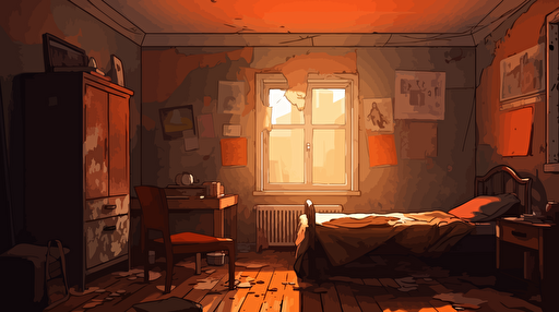 old decrepit orange old bedroom illustration, vector, 2d animation