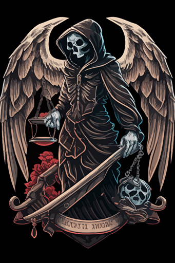 hooded reaper holding scales of justice and wings vector art style moral patch