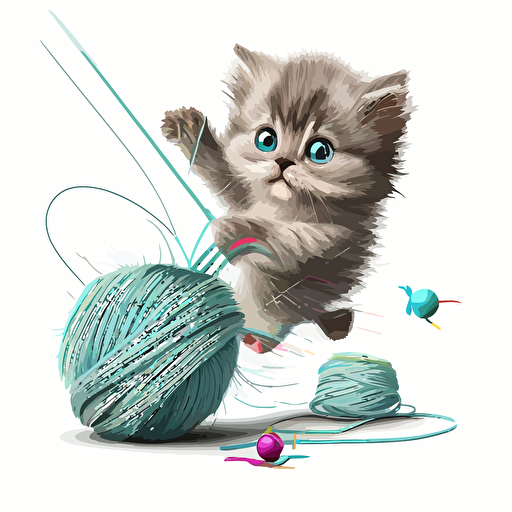Playful kitten vector chasing a ball of yarn on a white background