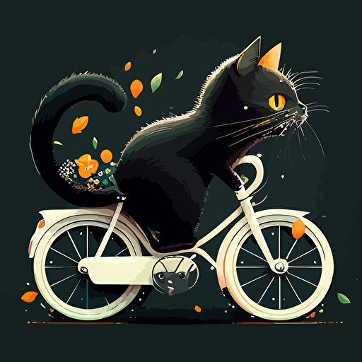 create a balck an white vector illustration about a sweety cat on bike