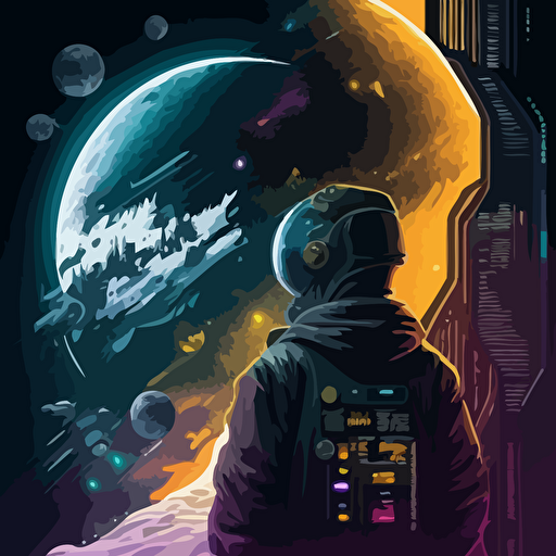 Drawing from the sci-fi genre, design a vector illustration of Satoshi Nakamoto as an interstellar traveler, exploring new planets and civilizations while spreading the word about cryptocurrencies and blockchain technology. Set the scene in a futuristic space setting.