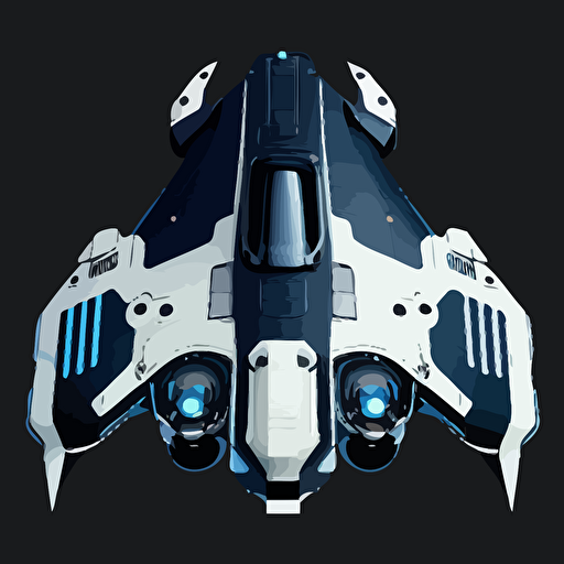 Blue and white space ship on black background, top-down view, clean, simple, no shadows, vector