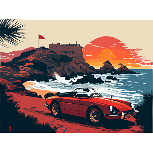 simple vector rally poster red ferrari convertible on sardinia. Coastal road, coastline, mountains, village, castle ruins, sunset