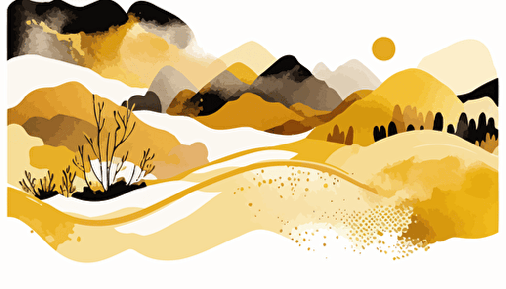 mustard yellow and beige watercolour abstract landscape, Minimalist, vector, contour