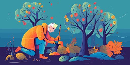 Gardener planting trees. 2D, vector illustration, bright colors. Drawing using AI.