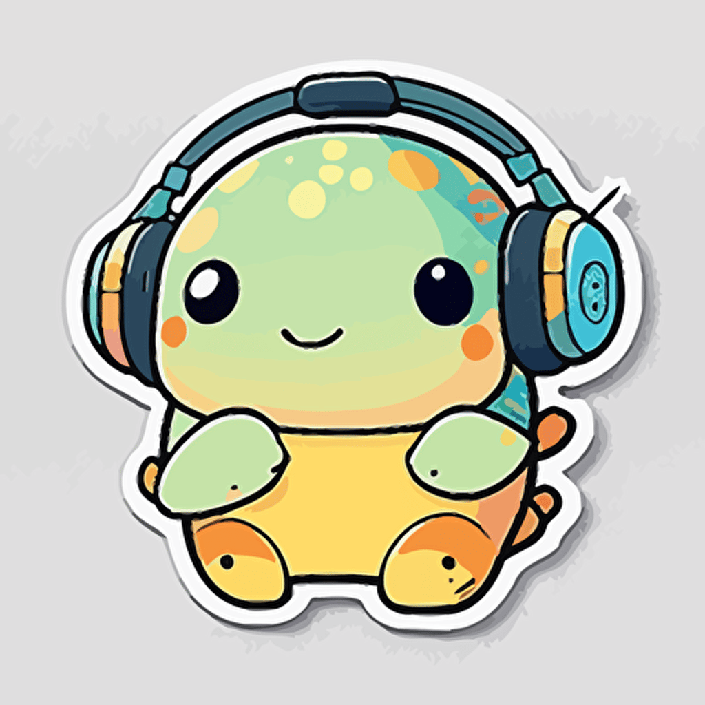 sticker, happy colorful turtle wearing headphones, kawaii, contour, vector, white background s 1000
