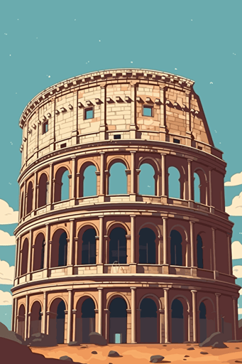 front view of the colosseum, blue sky, vector design, minimalist, flat