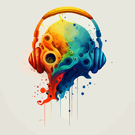 headphones as a small living creature from another universe, illustration, logo design, vector, triadic colours, simple