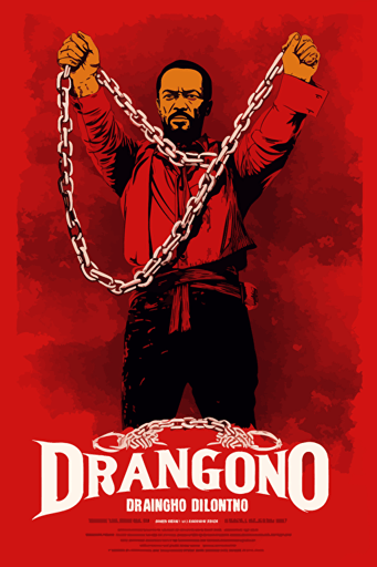 django breaking the chains in django unchained, front view, poster, vector, gritty, detailed, red background,
