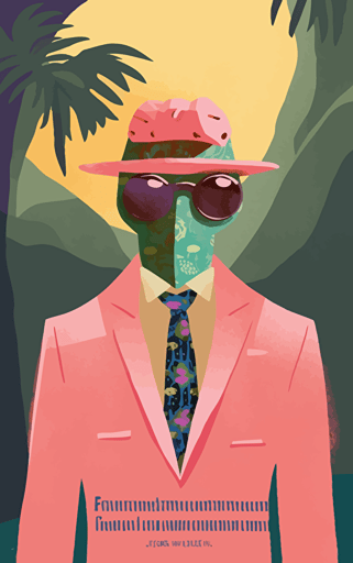 flat vector book cover design showing painted wallpaper hawaii background to a pink anthropomorphic gecko salesman wearing a battered worn suit