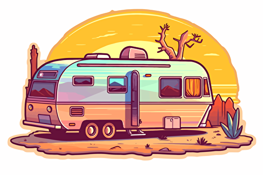2d illustration, desert 1970's trailer simple vector colorful sticker