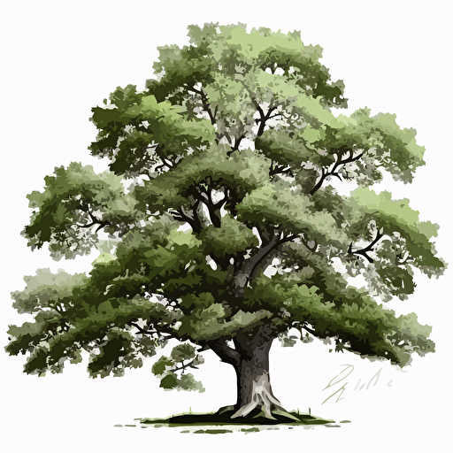 green old oak tree, vector, isolated on white, detailed