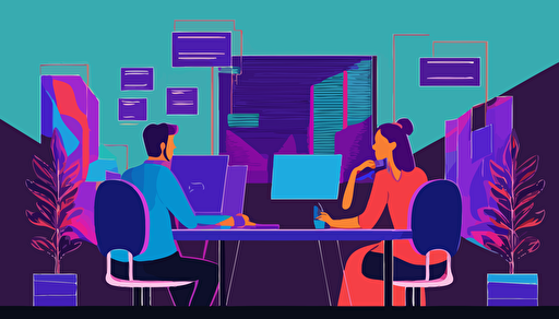 style: flat vector illustration styles, color: only 4 vivid color, situation: The scene where two people are having a meeting, deatail: Adobe illustration line a clear, distinct, plain, evident, definite, obvious, apparent line