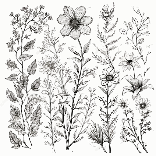 clip art, flowers with branches and leafs, black linework, vector, white background, variations,