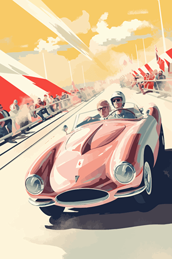 modern poster style, 1950's racing event, speed, flags, spectators, summer, vector art, light colours,