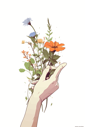 2d flat drawing, simple vector illustration depicting a small hands gripping flowers, cute, creative art print, on white background