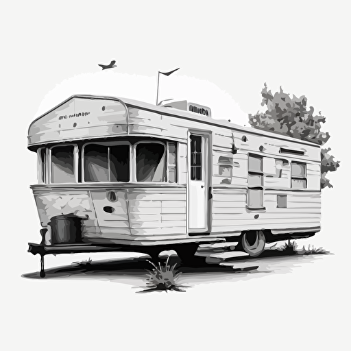 black and white vector detailed image of 1950's north carolina singlewide trailer home