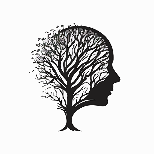 Modern, Minimalist iconic logo of head with tree sprouting out of the brain, black vector, on white background