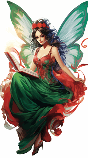 adult vector cartoon A very attractive female fairy reading from arcane book