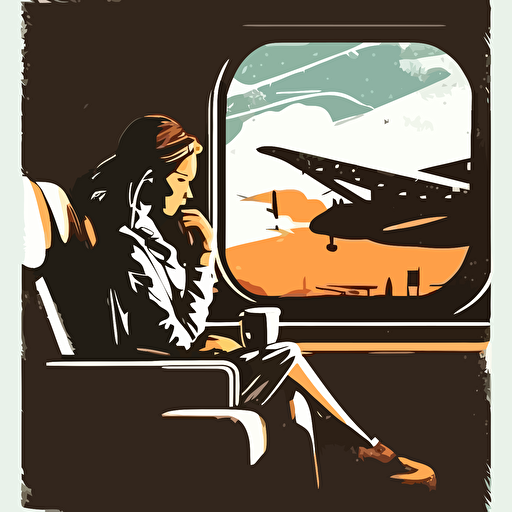 women in airport sits on a couch looking plane throught windows while drinking coffee, vector