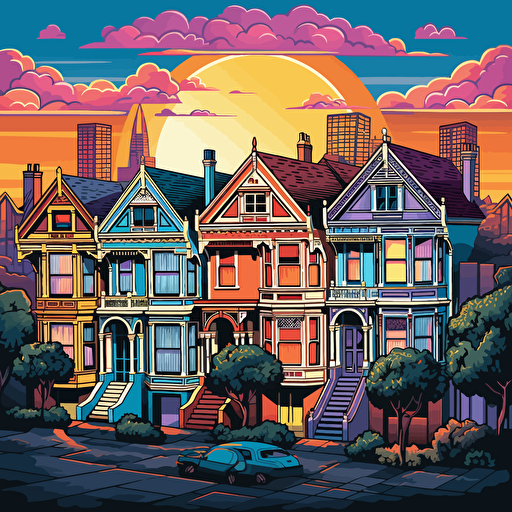 colorful vector art, 16 colors, san francisco painted ladies