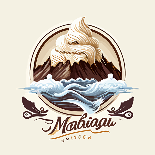 Vector logo of a snowy mountain, surrounded by the sea waves, where top of the mountain is a whipped cream and bottom is a whisk.