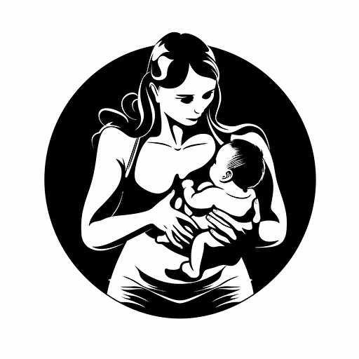 a stunning caucasian mother and her baby, the mother is nursing the baby in her arms closely against her large pectorals, black and white vector with strong contrast on a solid white background