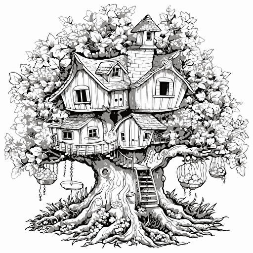 big tree, tree house, birds, flowers, sun, vector image, coloring page