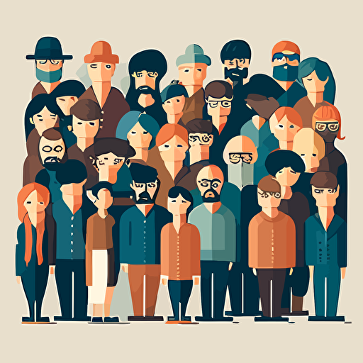 A large group of people all gathered together facing the camera. flat style illustration for business ideas, flat design vector, industrial, light color pallet using a limited color pallet, high resolution, engineering/ construction and design, colored cartoon style, light indigo and light gold, cad( computer aided design) , white background