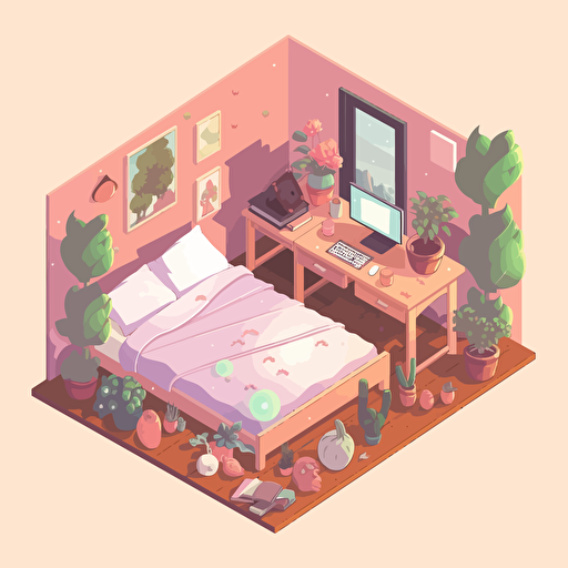 isometric bedroom, desk, bed, lots of house plants, kawaii aesthetic, evening time,vector art, dreamy, serene,