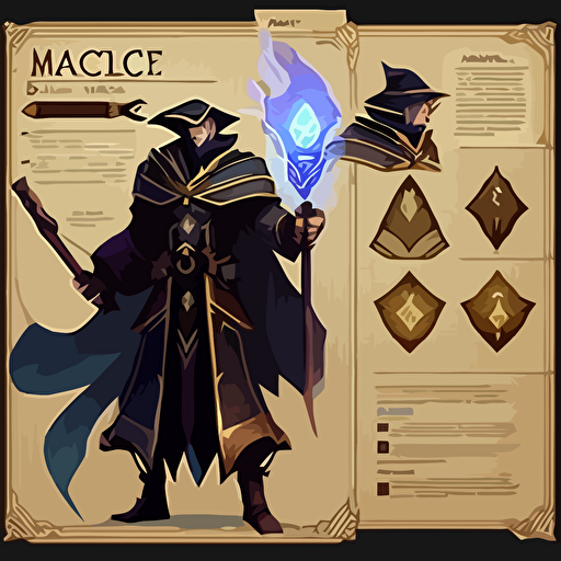 mage, league of legend style, hand painted, vectorial, design sheets for a game