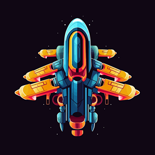 a space ship seen from above with two blasters, vector art, cartoon, colorful, minimalist, background should be solid black