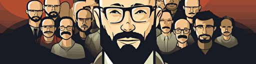 high color vector, stylized, large man, pronunced handlebar mustache, beard, glasses, bald head, offset on right, engaged workers in background, empathy, teamwork, high performance, facilitation, leadership development,