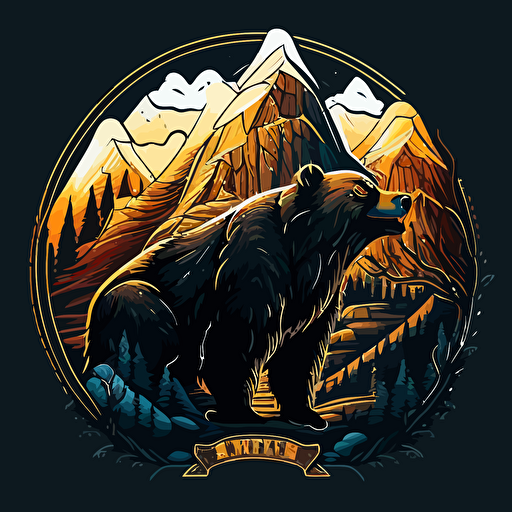 A_coin_emblem_logo_for_a_angry_bear:: mountains in the background, code style, color, vector