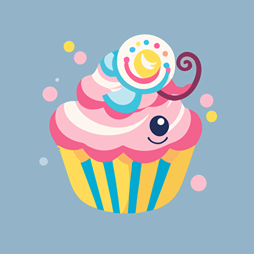 A dessert logo design, featuring a playful combination of pink, blue, and yellow colors, showcasing a whimsical cupcake with a swirl of frosting and sprinkles, evoking feelings of joy and sweetness, Illustration, digital art with a flat, vector style,