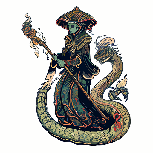 a witch riding a three headed king cobra like a broom stick, Sticker, Dark, Folk Art, Contour, Vector, White Background, Detailed