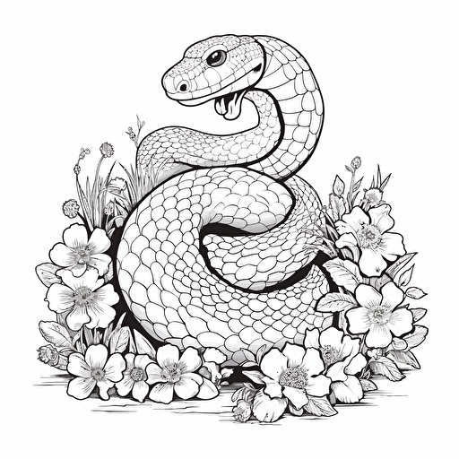 snake and flowers No Shadow. Cartoon. Coloring page. Vector. Simple.