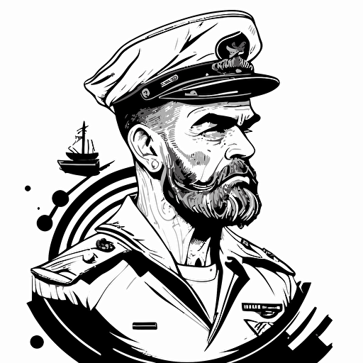 vector illustration, line drawing, sailor Jerry and anime style, normal man wearing full naval uniform, captain hat, black and white, waist up