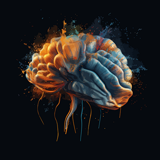 A picture of a brain outputing colors that symbolize creativity, expertise, Vector Syle, dark background, blue, white, orange