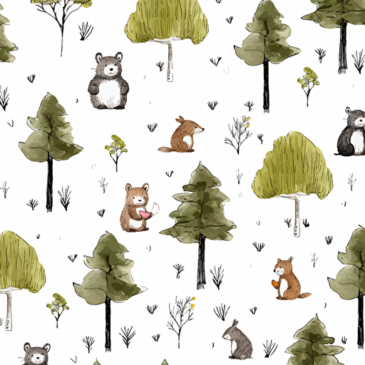 little forestwood creatures, seamless pattern, tile pattern, white background, vector, by banksy