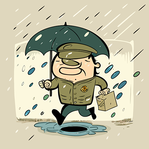 A strong bristish postman powering through the rain with a smile on his face, cartoon, vector, cute