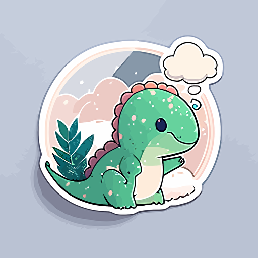 die-cut sticker, cute kawaii dinosaur in steam sticker, white background, illustration minimalism, drawn in childish way, vector, oceanic tones.