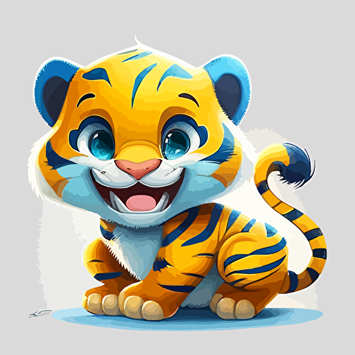 A gorgeous yellow and blue baby fur tiger, smiling, white background, vector art , pixar style