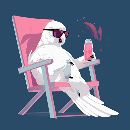 A white cockatoo wearing black rimmed sunglasses with pink lenses, laying on its back in a lawn chair drinking a single cocktail. flat style illustration for business ideas, flat design vector, industrial, light color pallet using a limited color pallet, high resolution, engineering/ construction and design, colored cartoon style, light indigo and light gold, cad( computer aided design) , white background