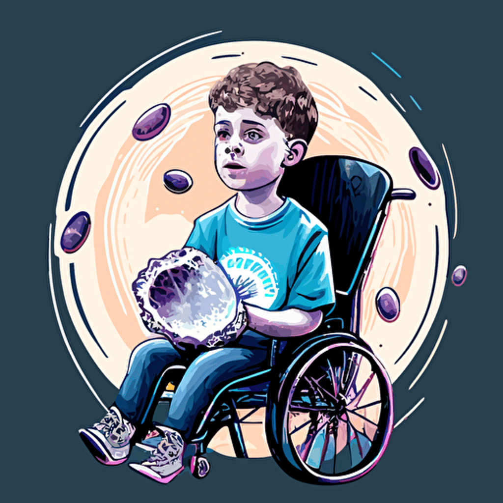 a young boy in a wheelchair holding a beautiful oyster with a viral vector inside in place of a pearl