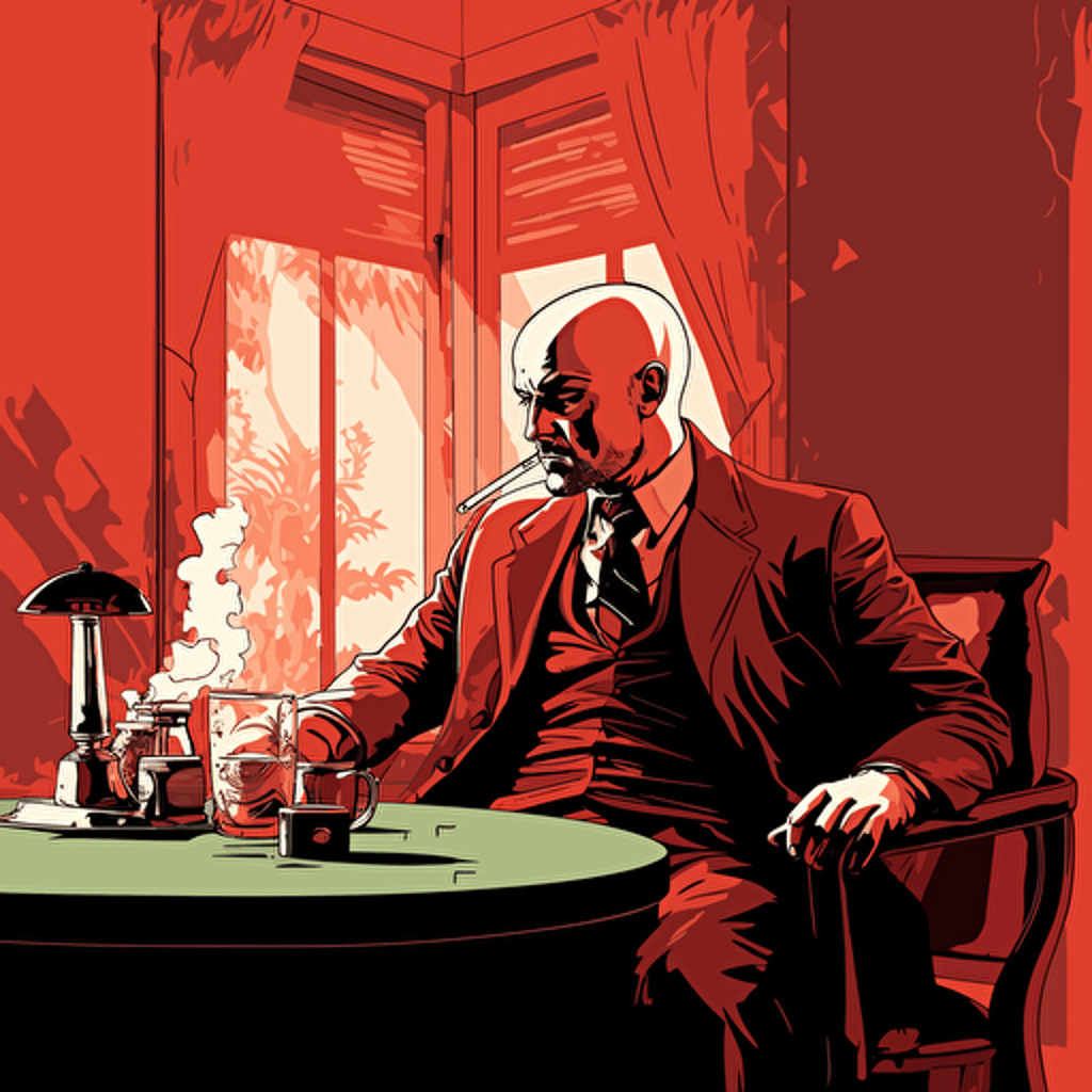 bald ganster private detective, sat at his desk smoking and looking smug, red theme, vector art