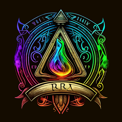 Make a highly detailed vector image of a label for an up and coming apparel company, make this design modern and simple, intense neon rainbow coloring, in the style of a 1940's alchemical symbol for the philosopher's stone, v5